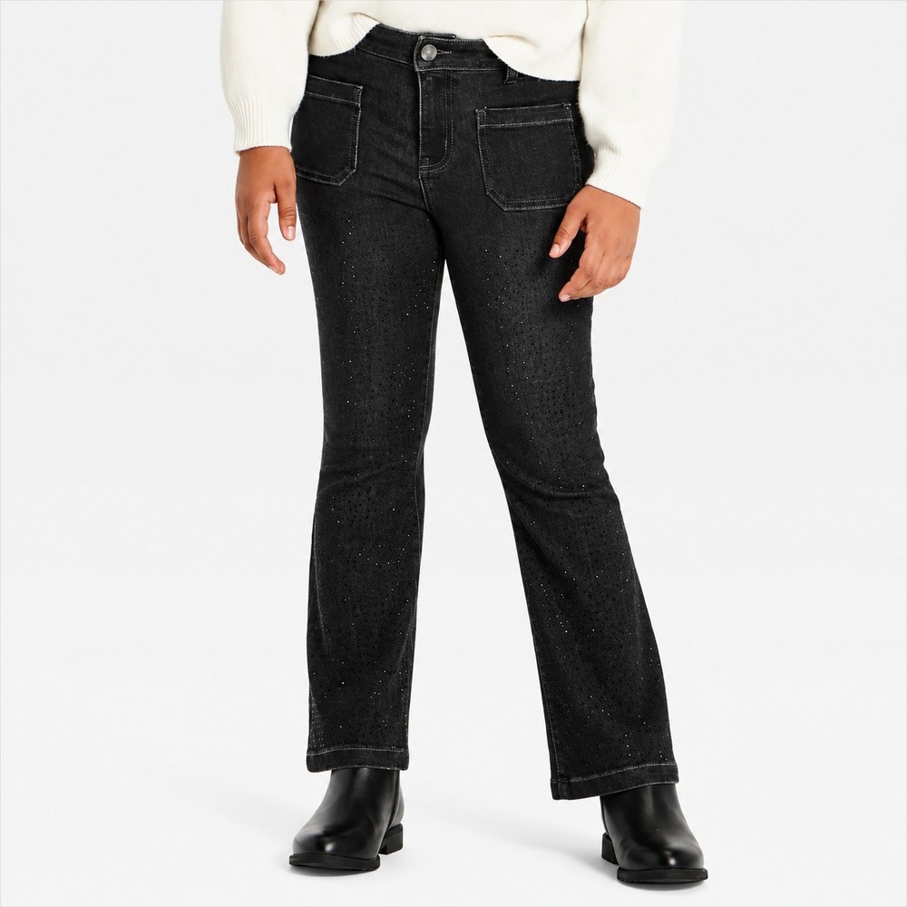 Cat & Jack Girls High Rise Flare Jeans Black Rhinestone Ultimate Stretch Size 16
